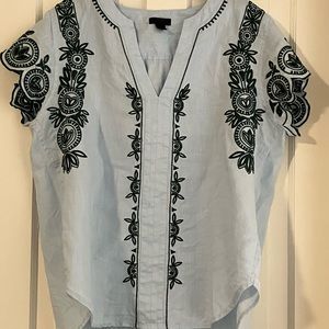 J Crew Collection Embroidered Linen Top with Flutter Sleeves Size 12